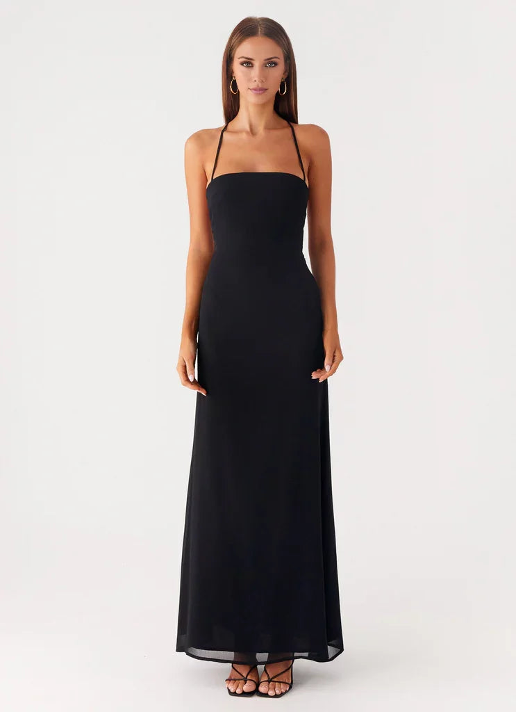 Black Crepe Floor-Length Evening Dress with Straight Neck, Backless & Spaghetti Straps