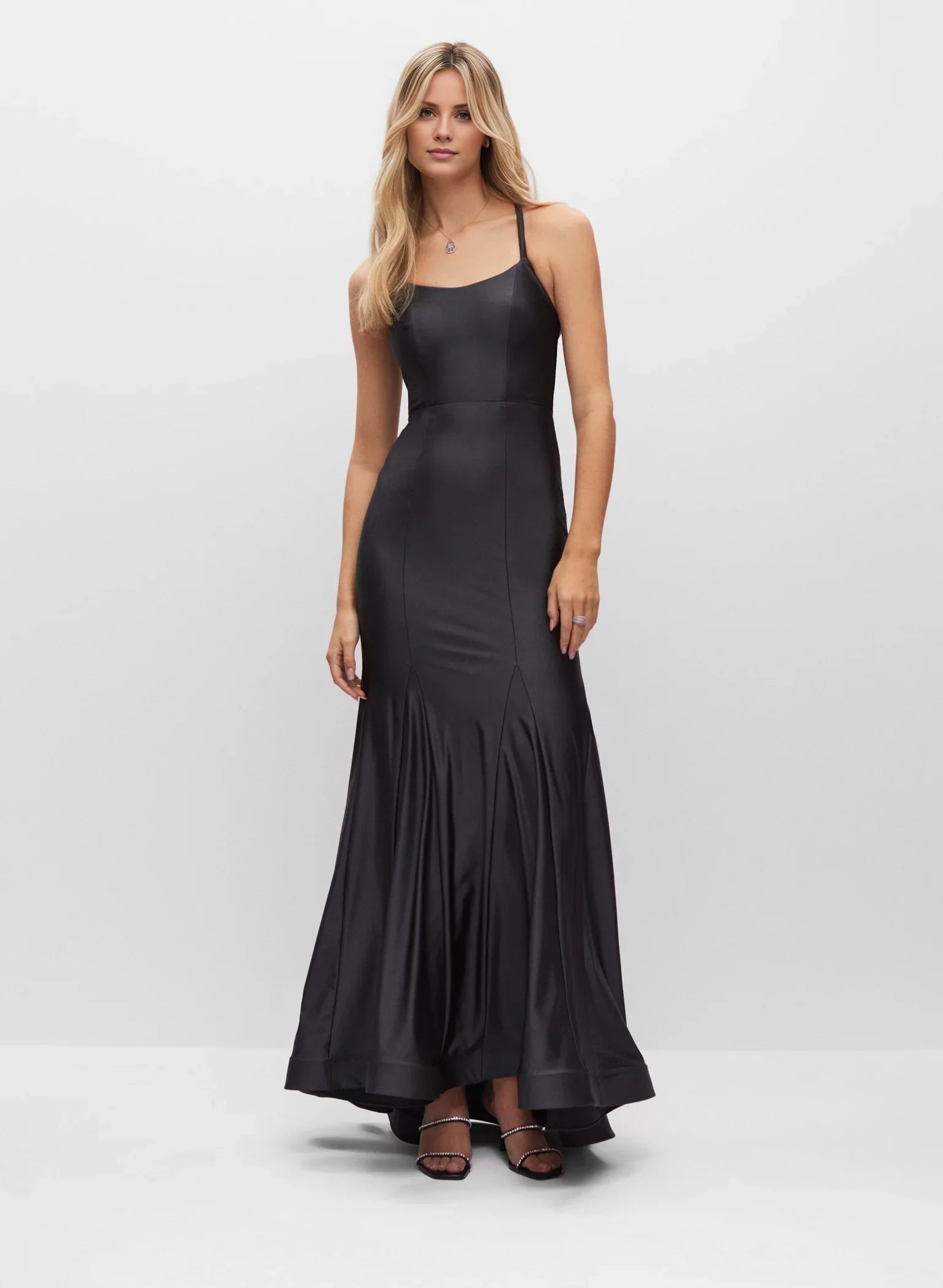 Upscale Black Spaghetti Strap Boat Neck Open-Back Mermaid Satin Floor-Length Evening Dress