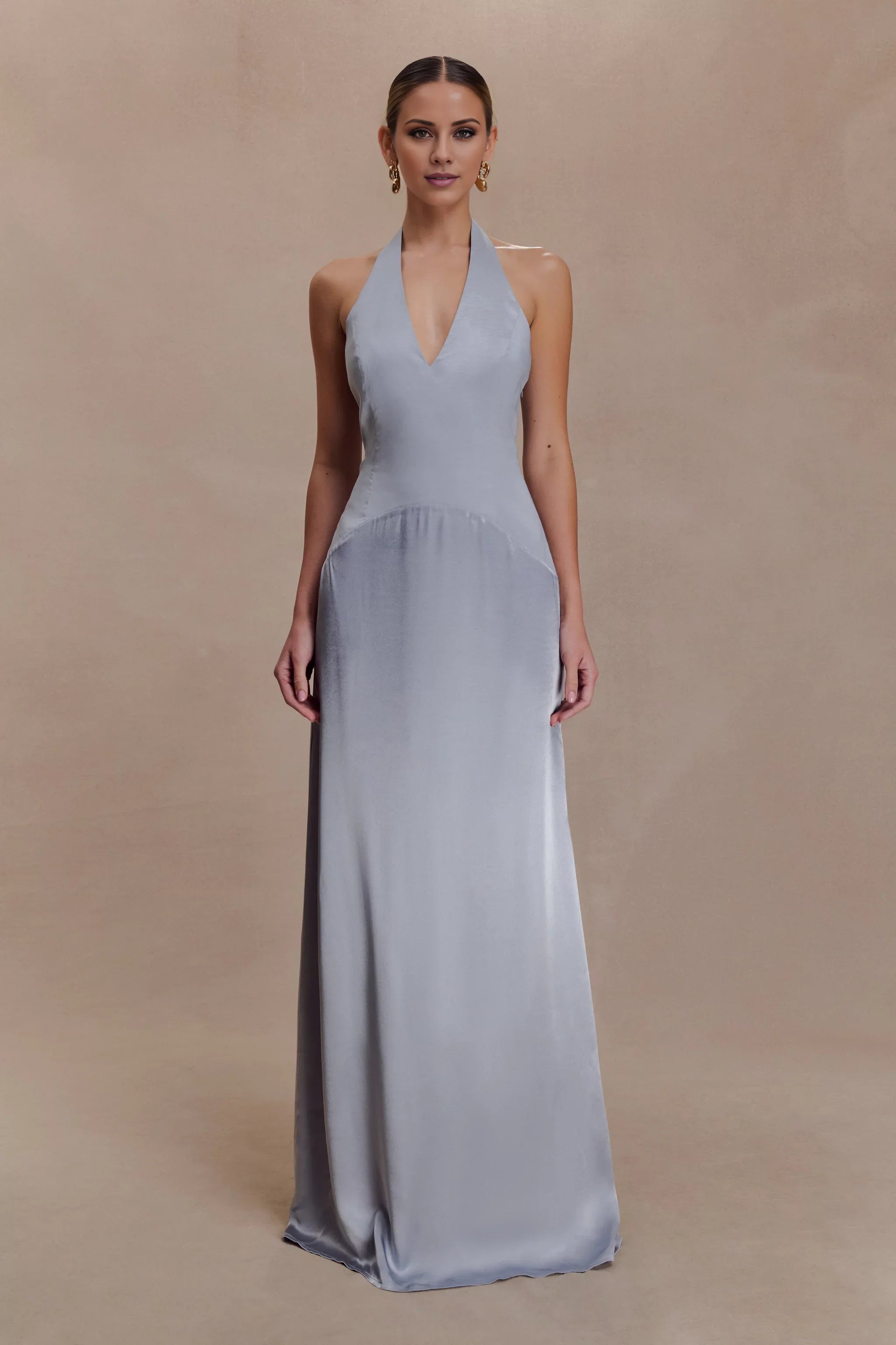 Upscale Satin Halter-Neck Sleeveless Plunging V-Back Flowy Floor-Length Evening Dress