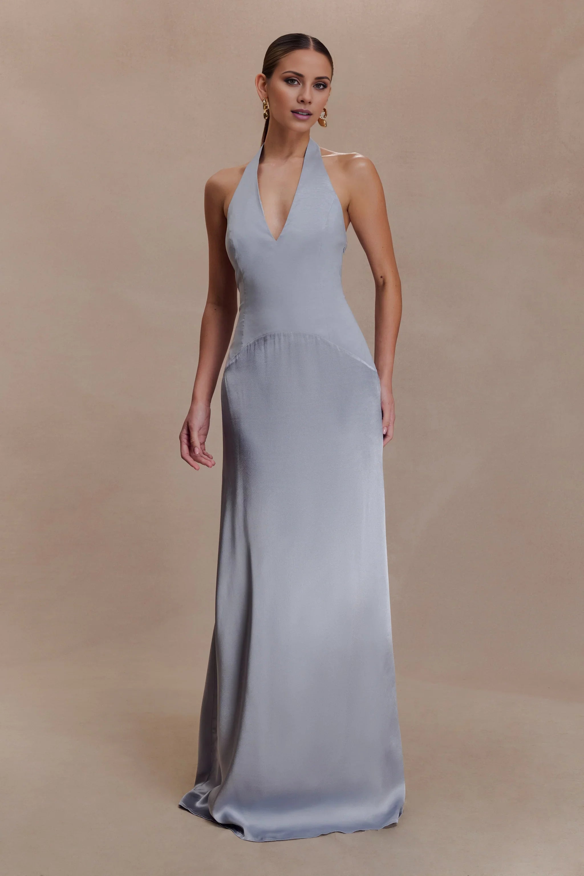 Upscale Satin Halter-Neck Sleeveless Plunging V-Back Flowy Floor-Length Evening Dress