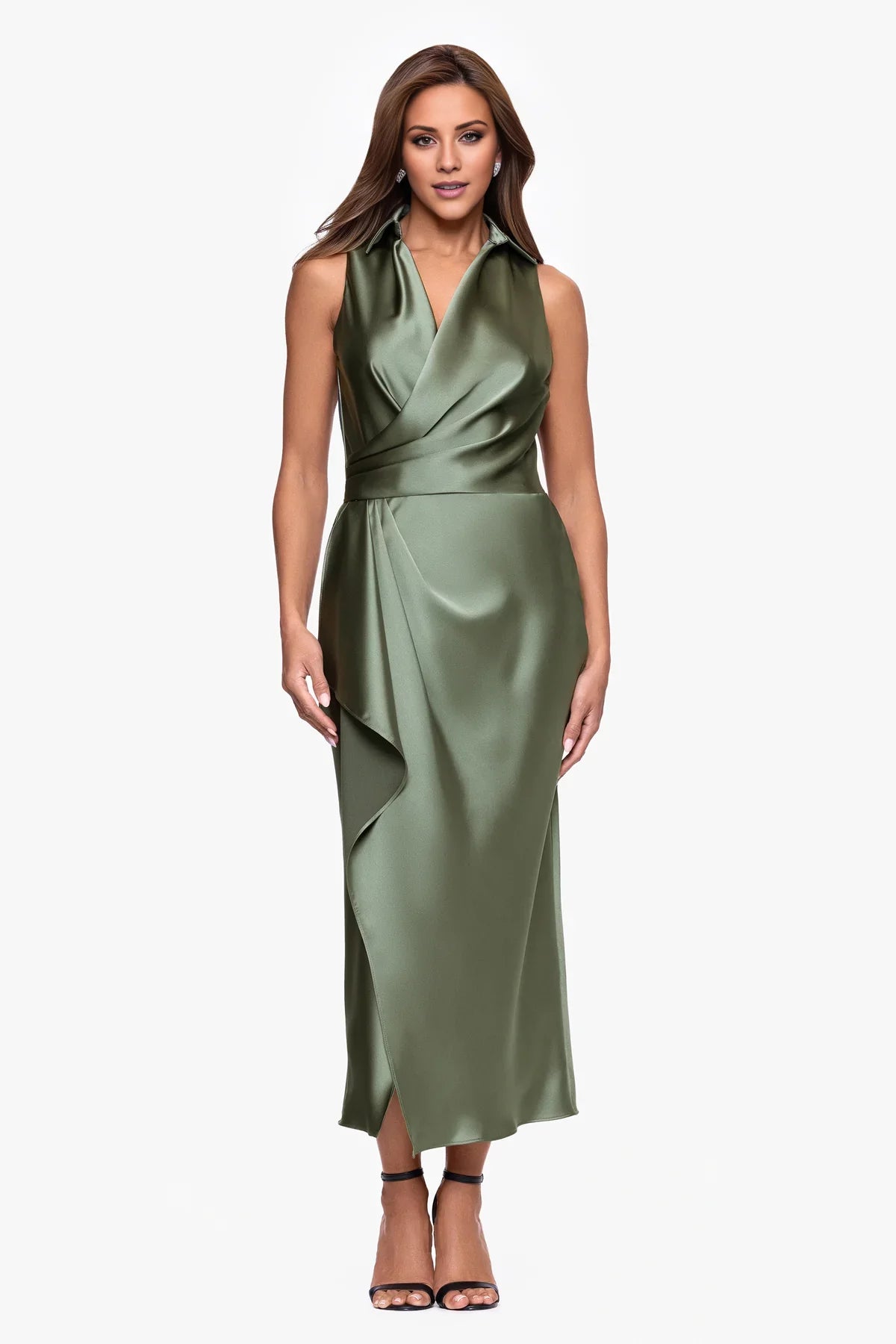 Sage Green Satin Sheath/column Ankle-Length Dress with V-Neck, Draped Bodice & Front Slit
