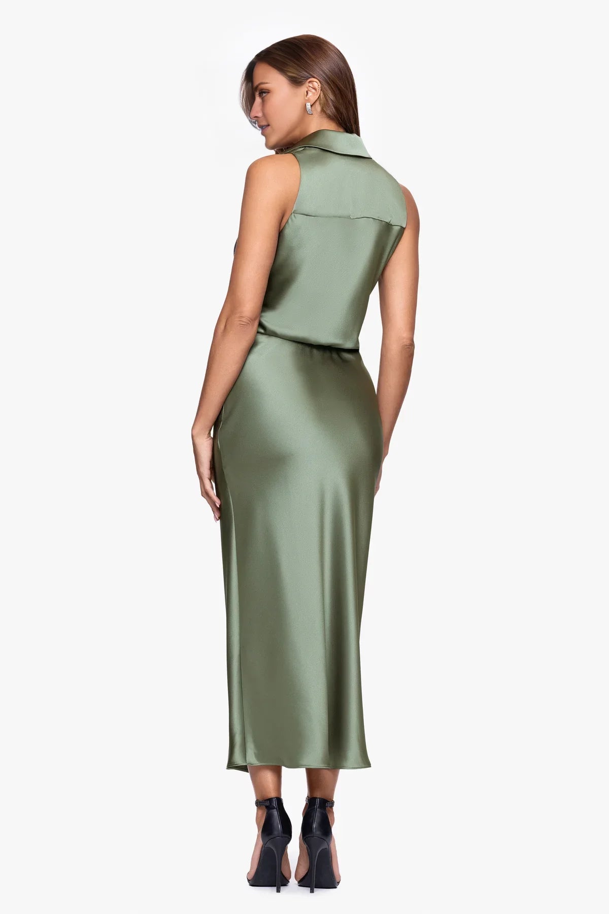 Sage Green Satin Sheath/column Ankle-Length Dress with V-Neck, Draped Bodice & Front Slit