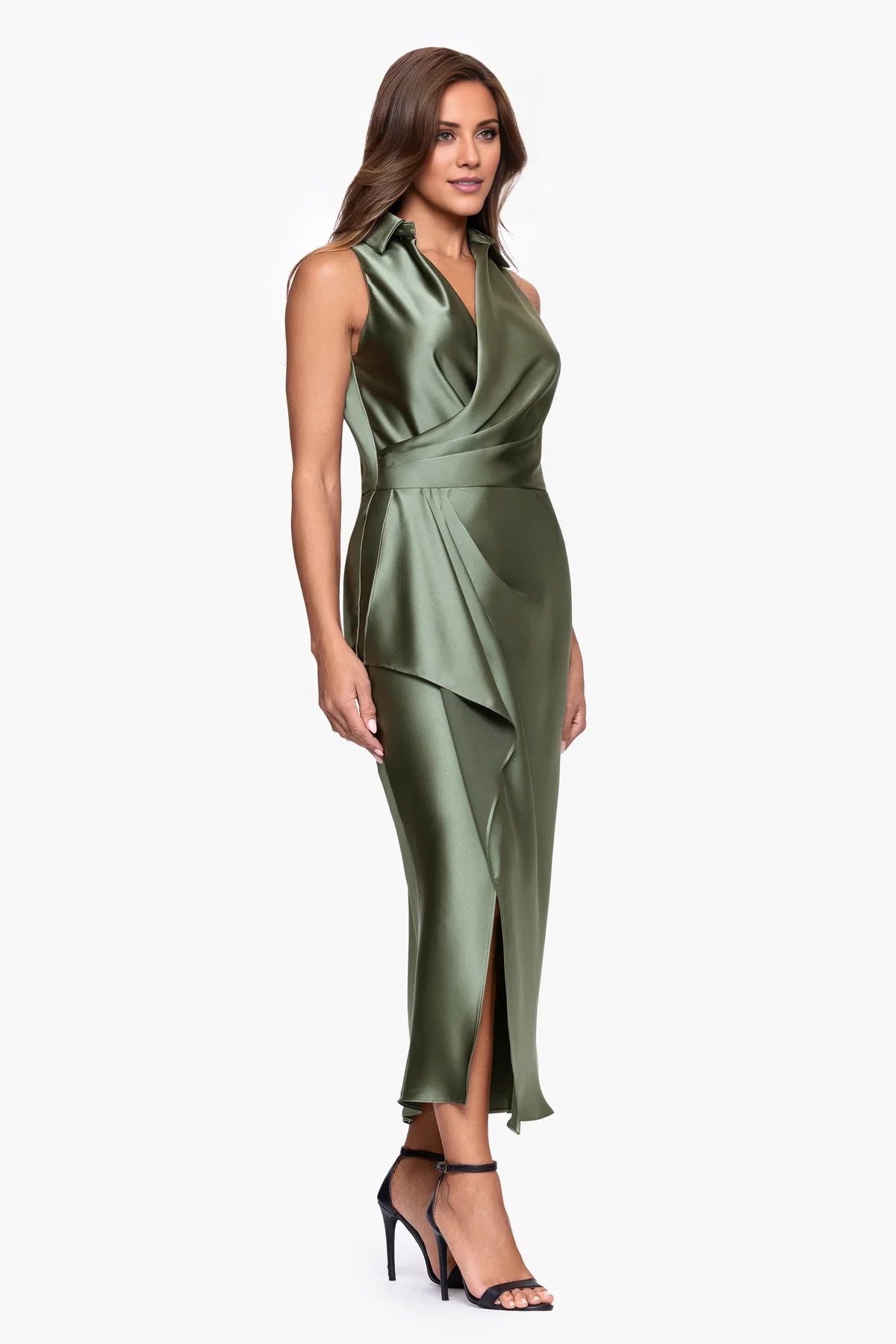 Sage Green Satin Sheath/column Ankle-Length Dress with V-Neck, Draped Bodice & Front Slit