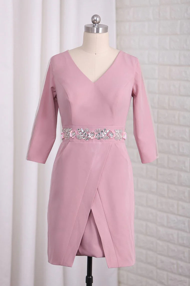 Dusty Rose Crepe Sheath/column Short Dress with Embellished Waist & Wrap Front Skirt