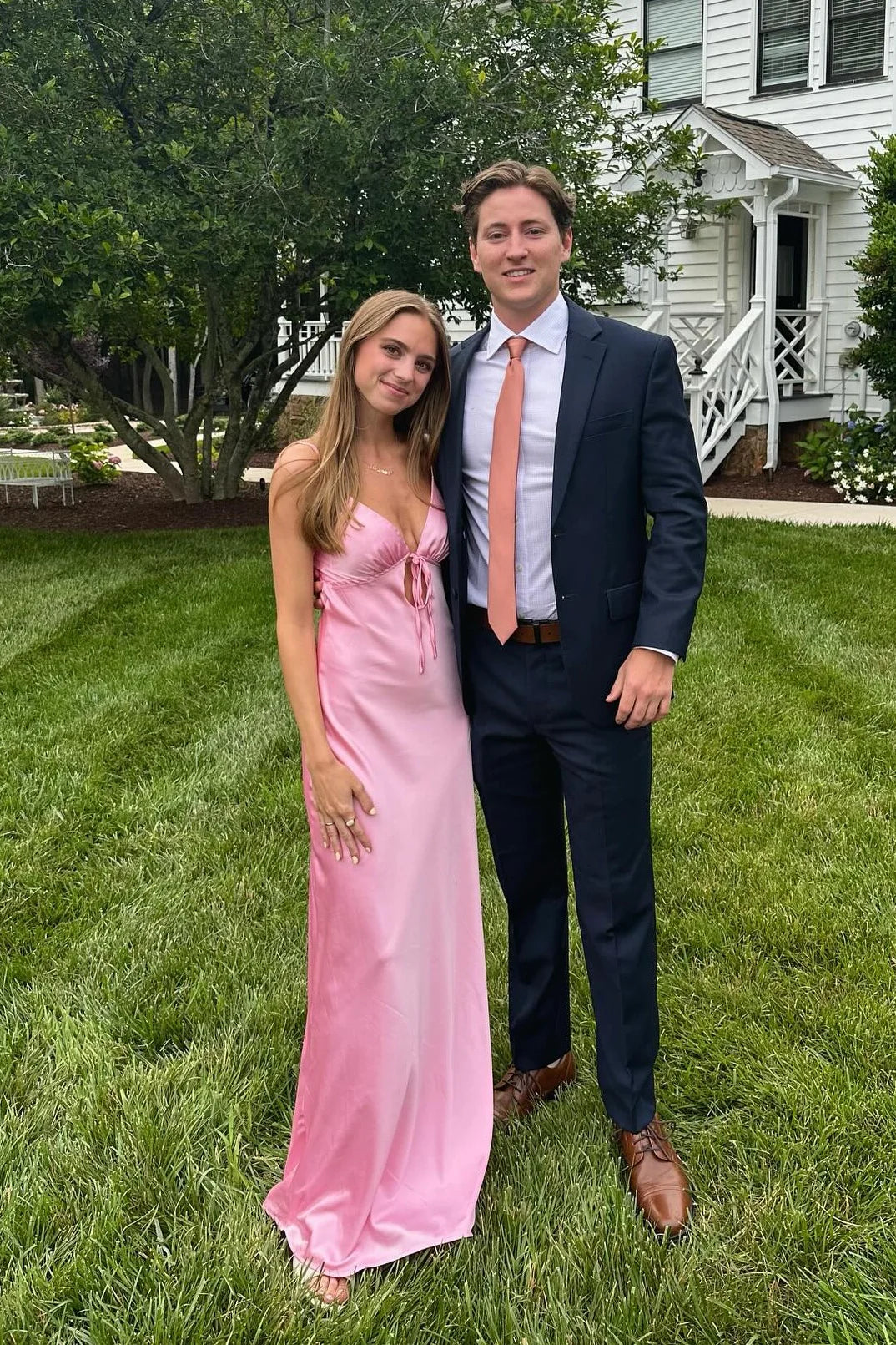 V-Neck Satin Maxi Prom Dress with Front Tie Cutout, Open Back Bow & Adjustable Spaghetti Straps