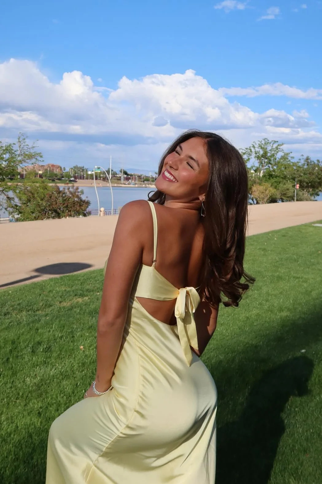 V-Neck Satin Maxi Prom Dress with Front Tie Cutout, Open Back Bow & Adjustable Spaghetti Straps