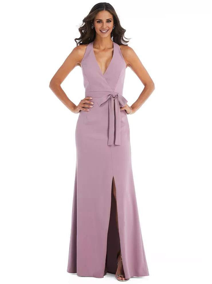 Vestido de fiesta con escote en V, escote colgante, hombros descubiertos, sin mangas, espalda descubierta, abertura lateral y largo hasta el suelo