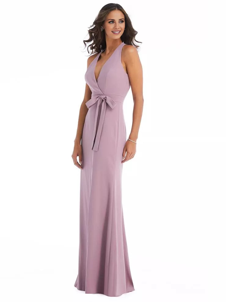 Vestido de fiesta con escote en V, escote colgante, hombros descubiertos, sin mangas, espalda descubierta, abertura lateral y largo hasta el suelo