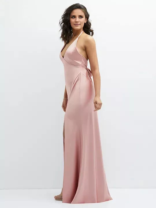 Vestido de fiesta con escote en V, escote colgante, hombros descubiertos, sin mangas, espalda descubierta, abertura lateral y largo hasta el suelo