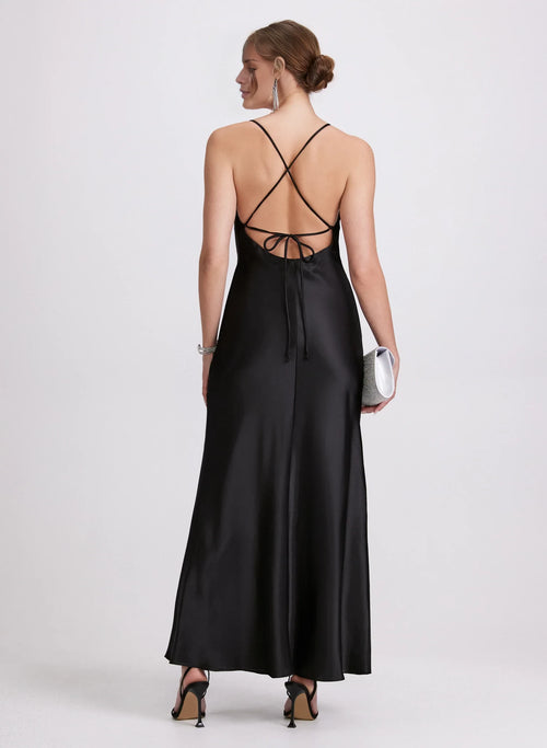 Vestido de fiesta con escote en V, hombros descubiertos, sin mangas, tirantes finos, espalda descubierta y largo hasta el suelo 