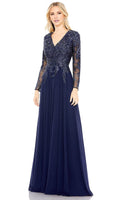 Dark Navy Mesh A-Line Floor-Length with V-Neck, Embellished Bodice + Back Zip