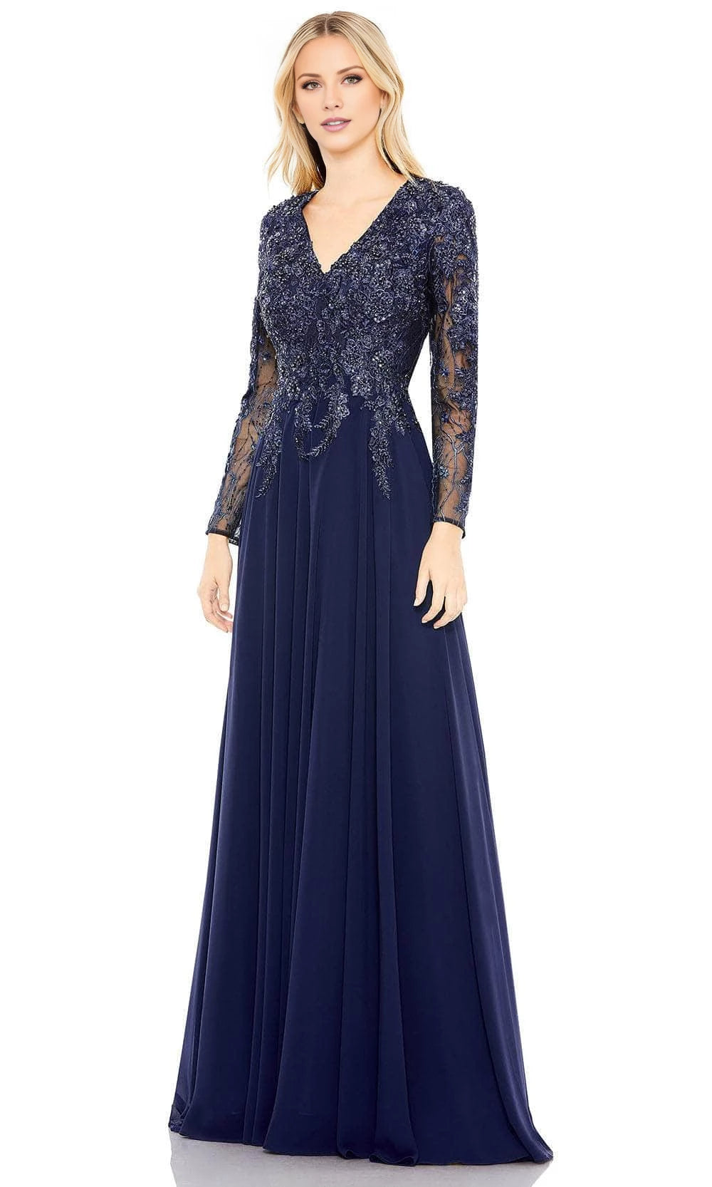 Dark Navy Mesh A-Line Floor-Length with V-Neck, Embellished Bodice + Back Zip