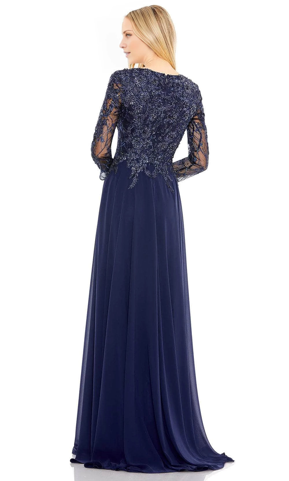 Dark Navy Mesh A-Line Floor-Length with V-Neck, Embellished Bodice + Back Zip