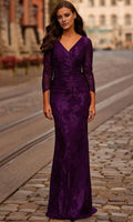 Purple Lace Sheath/column Floor-Length V-Neck Evening Dress