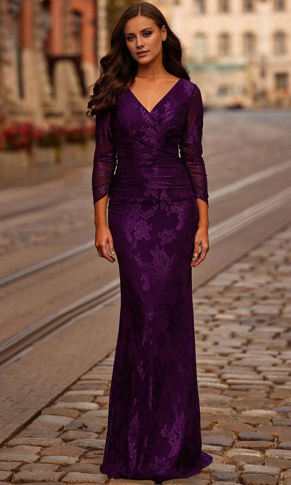 Purple Lace Sheath/column Floor-Length V-Neck Evening Dress