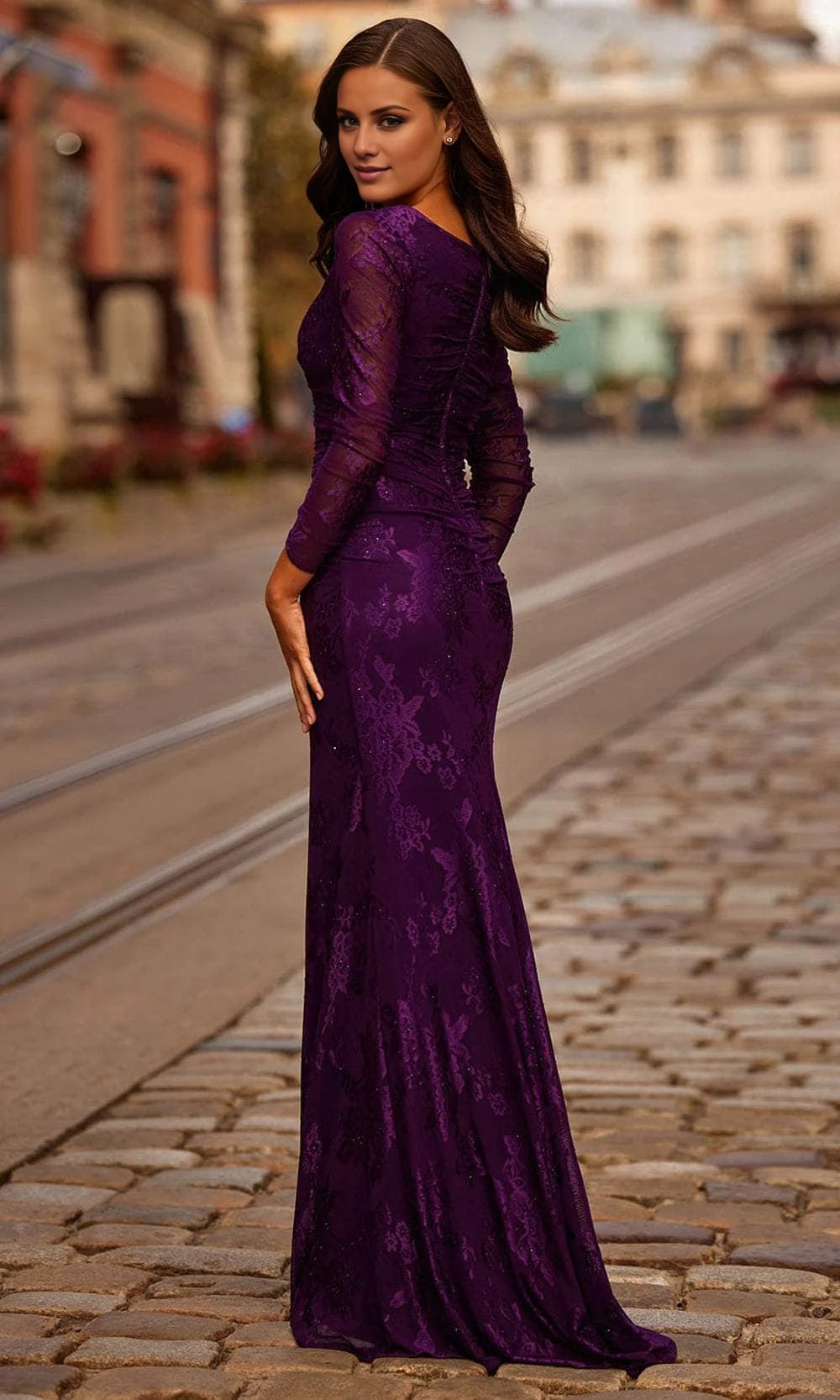 Purple Lace Sheath/column Floor-Length V-Neck Evening Dress