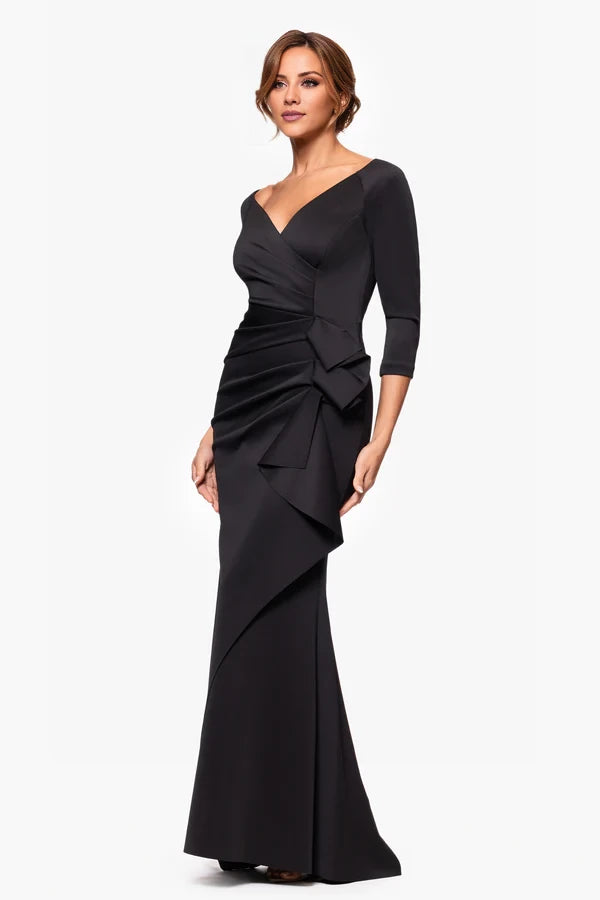 V-neck long sleeved pleated detail backless mermaid and floor length mother of the bride dress