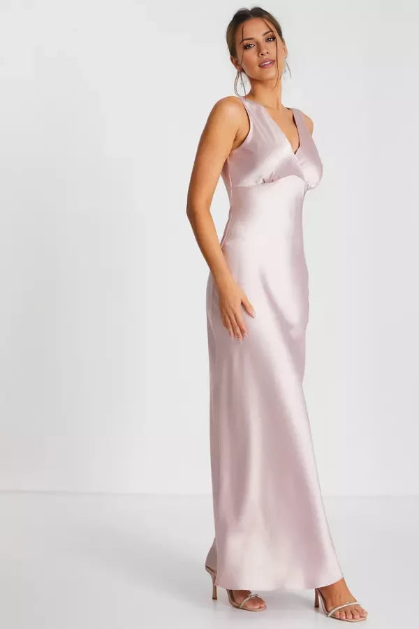 Vestido de fiesta con escote en V, hombros descubiertos, sin mangas, espalda descubierta y largo hasta el suelo 