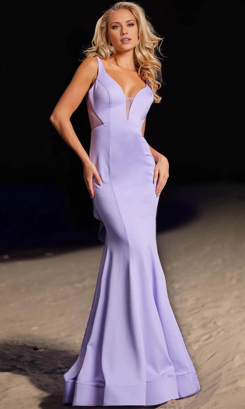 Lavender Mermaid V-Neck Floor-Length Crepe Evening Dress
