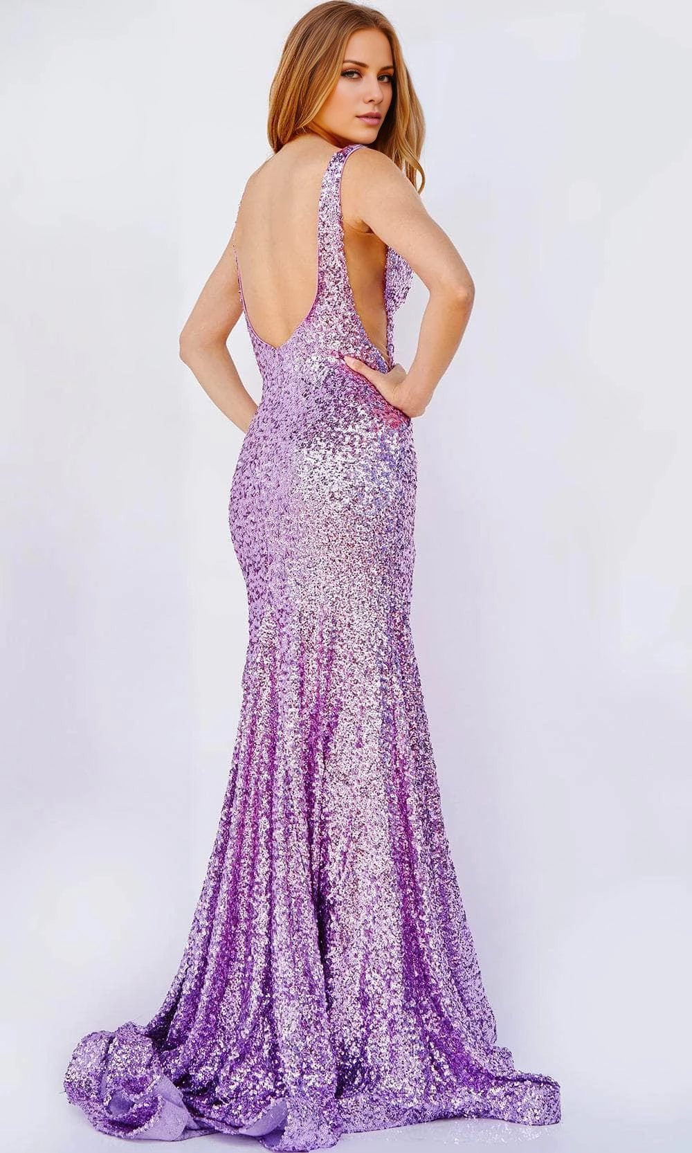 V-neck off shoulder sleeveless backless sequin and floor length Prom dress