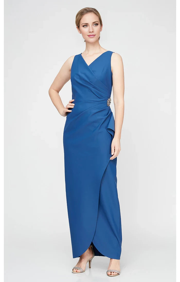 Royal Blue Satin Sheath V-Neck Floor-Length Evening Dress with Draped Bodice