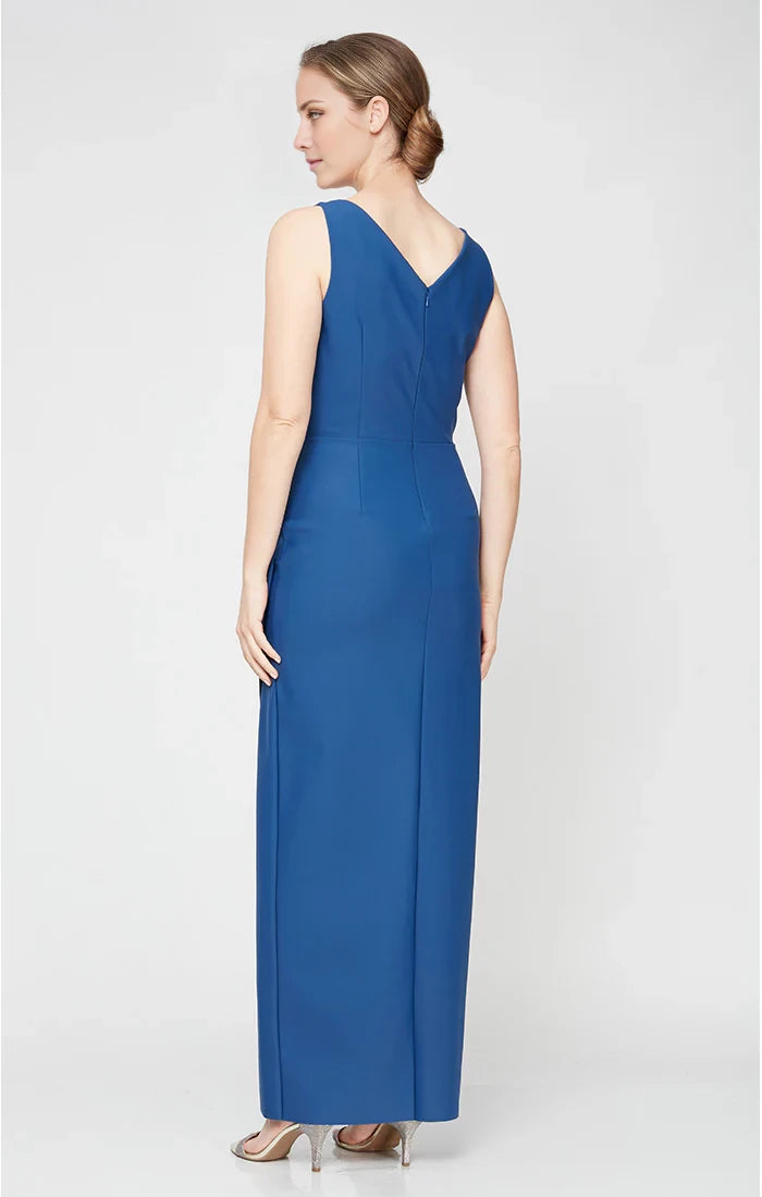 Royal Blue Satin Sheath V-Neck Floor-Length Evening Dress with Draped Bodice