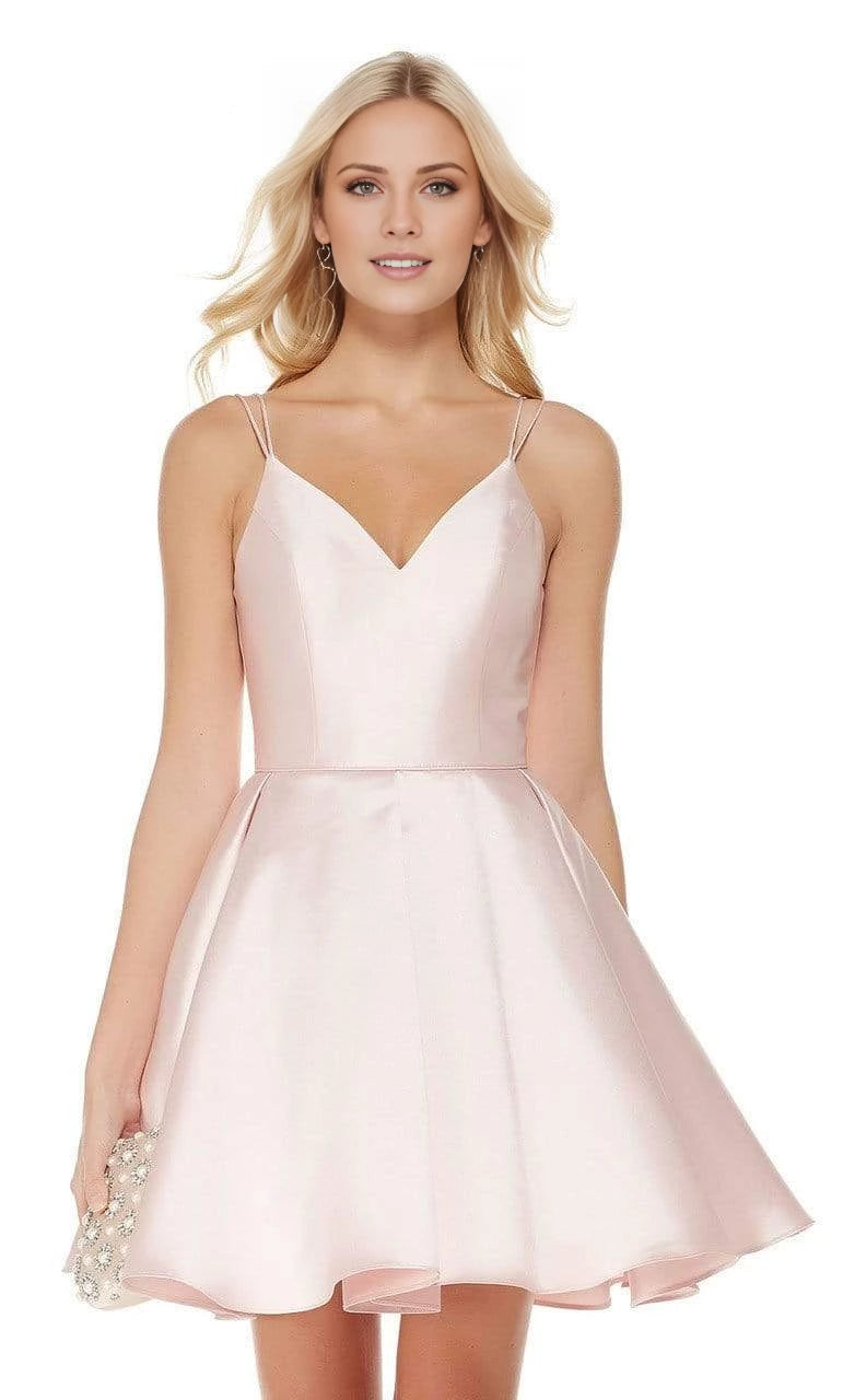 Vestido corto de fiesta con escote en V, hombros descubiertos, sin mangas, tirantes finos, espalda descubierta 