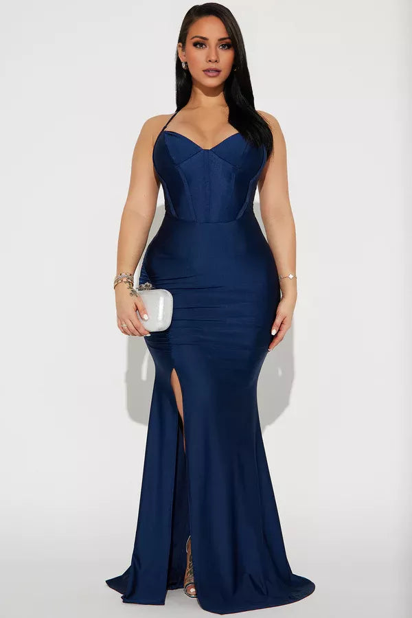 V-neck off shoulder sleeveless thin shoulder strap with side slit and floor length evening dress