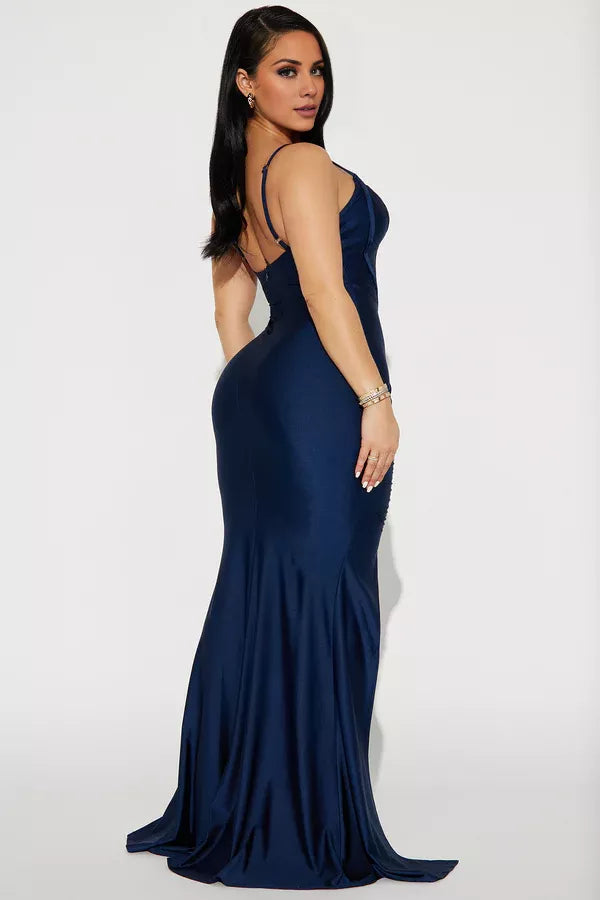 V-neck off shoulder sleeveless thin shoulder strap with side slit and floor length evening dress