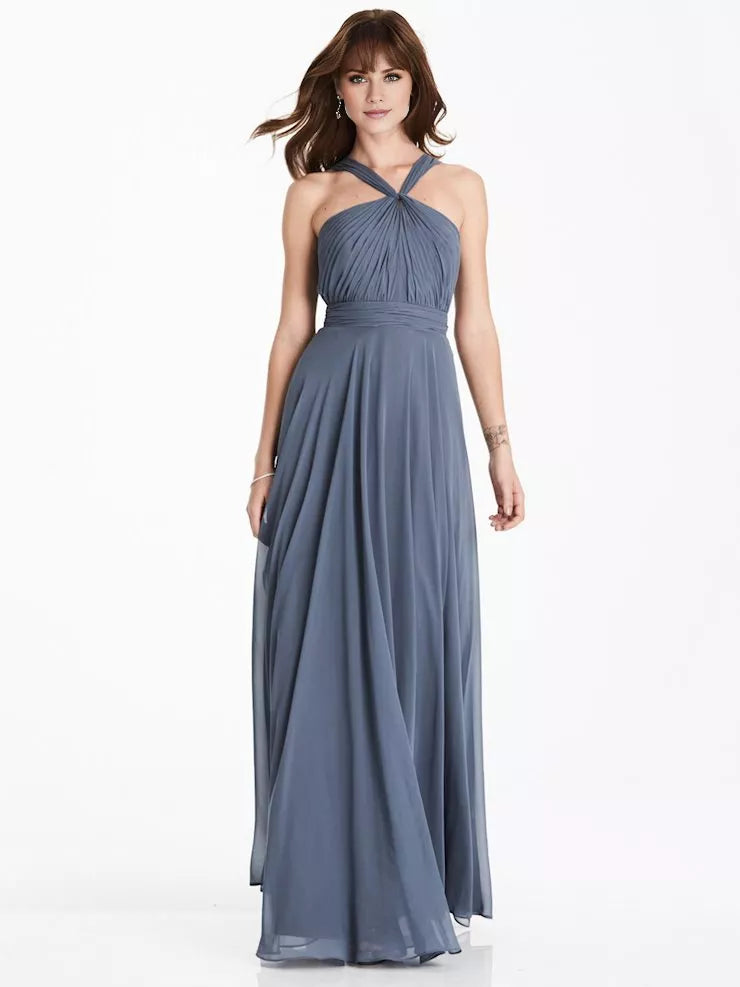 Vestido de fiesta con escote en V, detalle plisado, hombros descubiertos, sin mangas, espalda descubierta y largo hasta el suelo