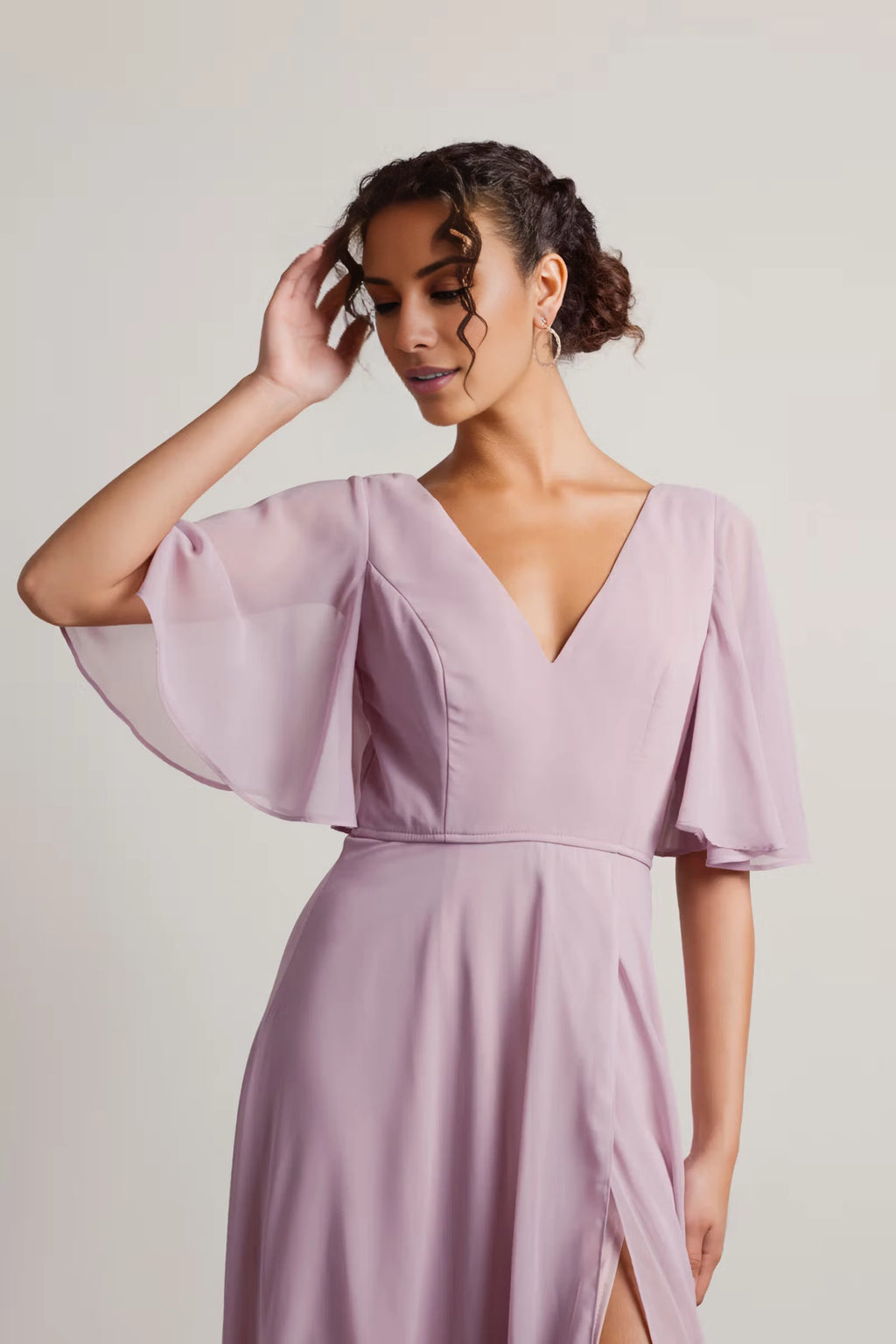 Lavender Chiffon A-Line Floor-Length with Flutter sleeves + High slit & V-Neck