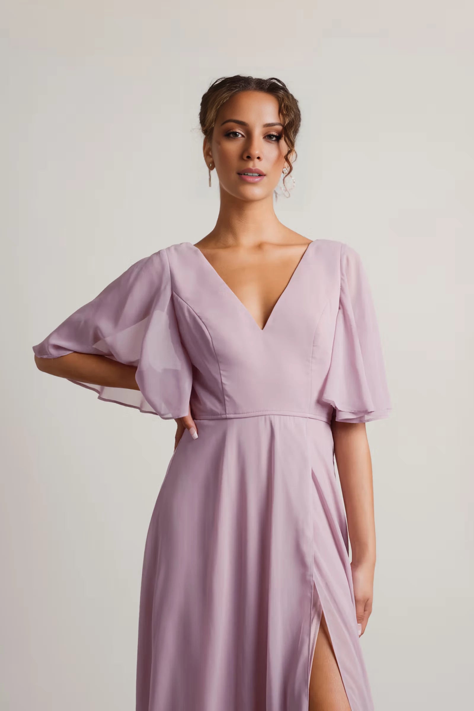 Vestido de fiesta largo hasta el suelo con escote en V, manga corta, espalda descubierta, abertura lateral 