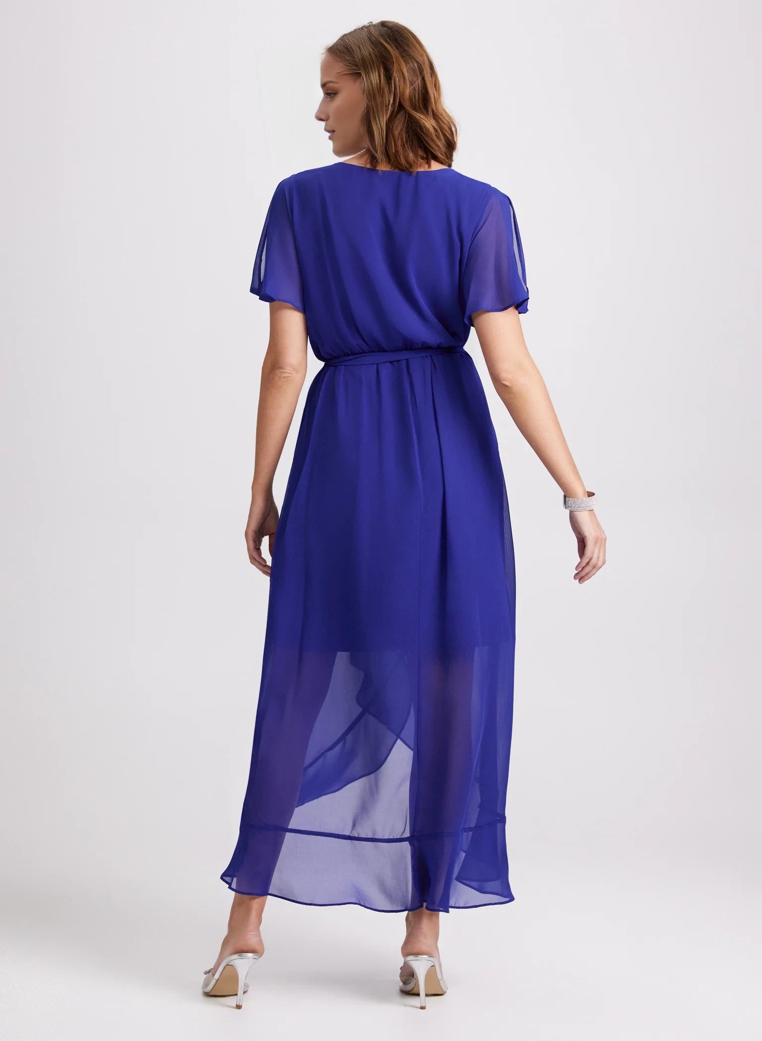 V-neck short sleeved chiffon pleated detail with side slit and floor length Prom dress