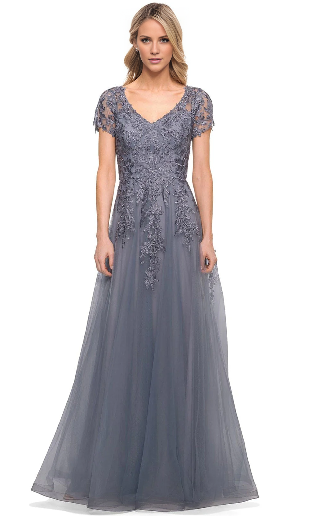 Elegant Grey Lace & Tulle A-Line Floor-Length Bridesmaid Dress with V-Neck & Short Sleeves