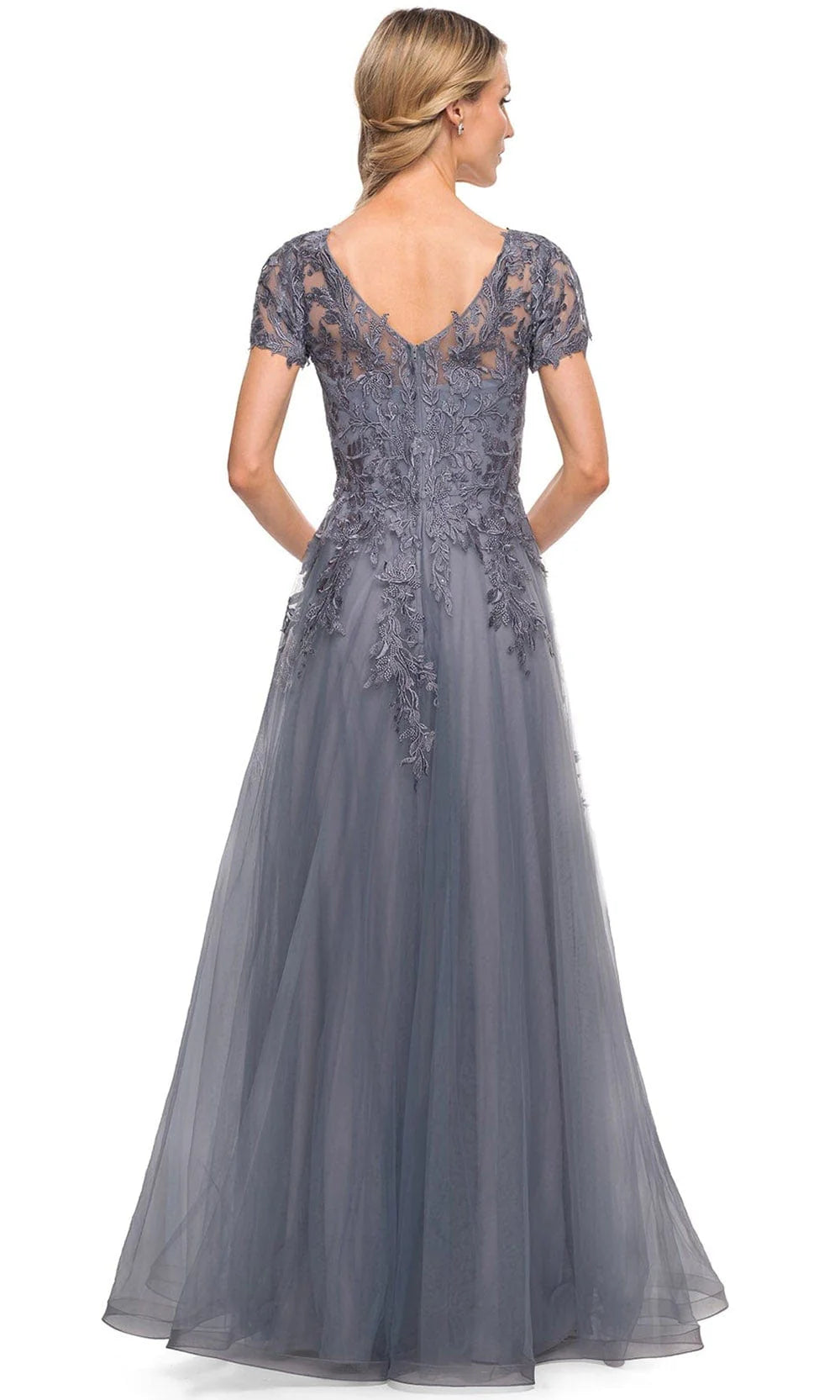 Elegant Grey Lace & Tulle A-Line Floor-Length Bridesmaid Dress with V-Neck & Short Sleeves