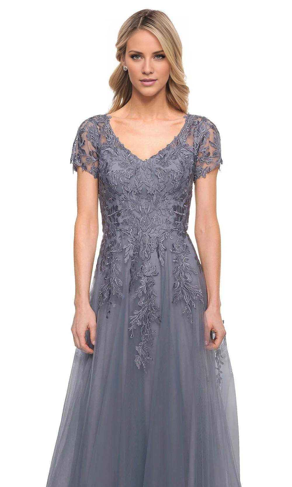 Elegant Grey Lace & Tulle A-Line Floor-Length Bridesmaid Dress with V-Neck & Short Sleeves