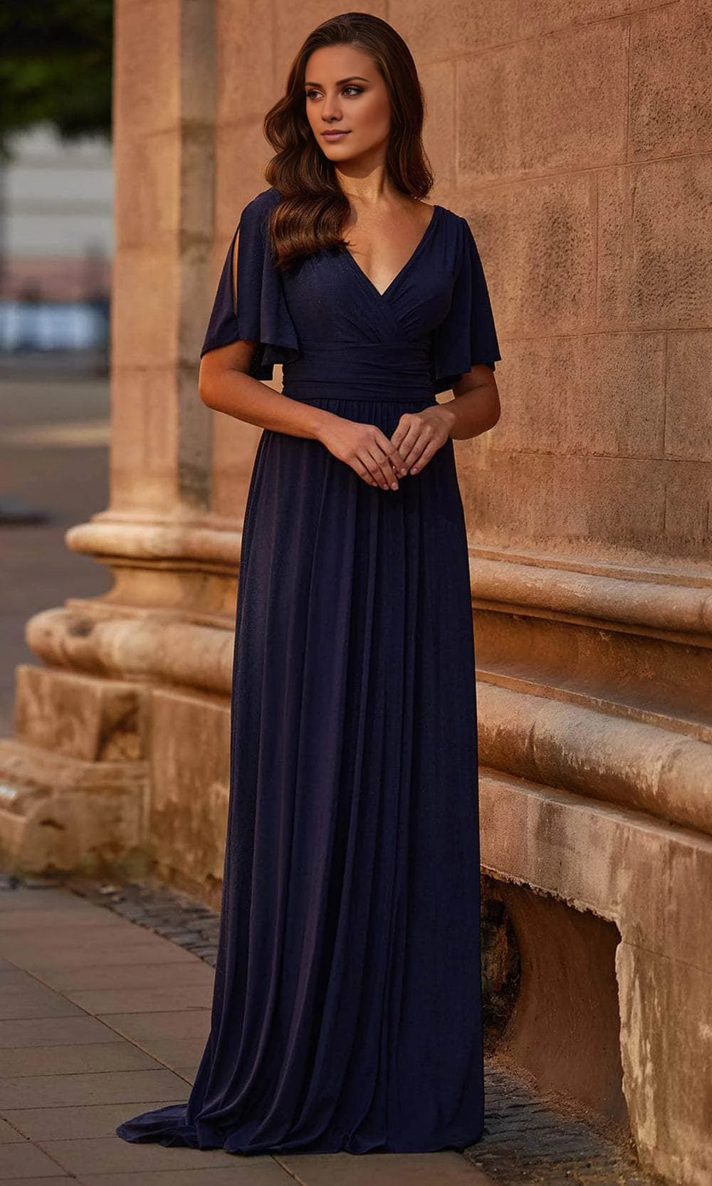 Dark Navy V-Neck A-Line Floor-Length Bridesmaid Dress with Flutter Sleeves & Ruched Bodice