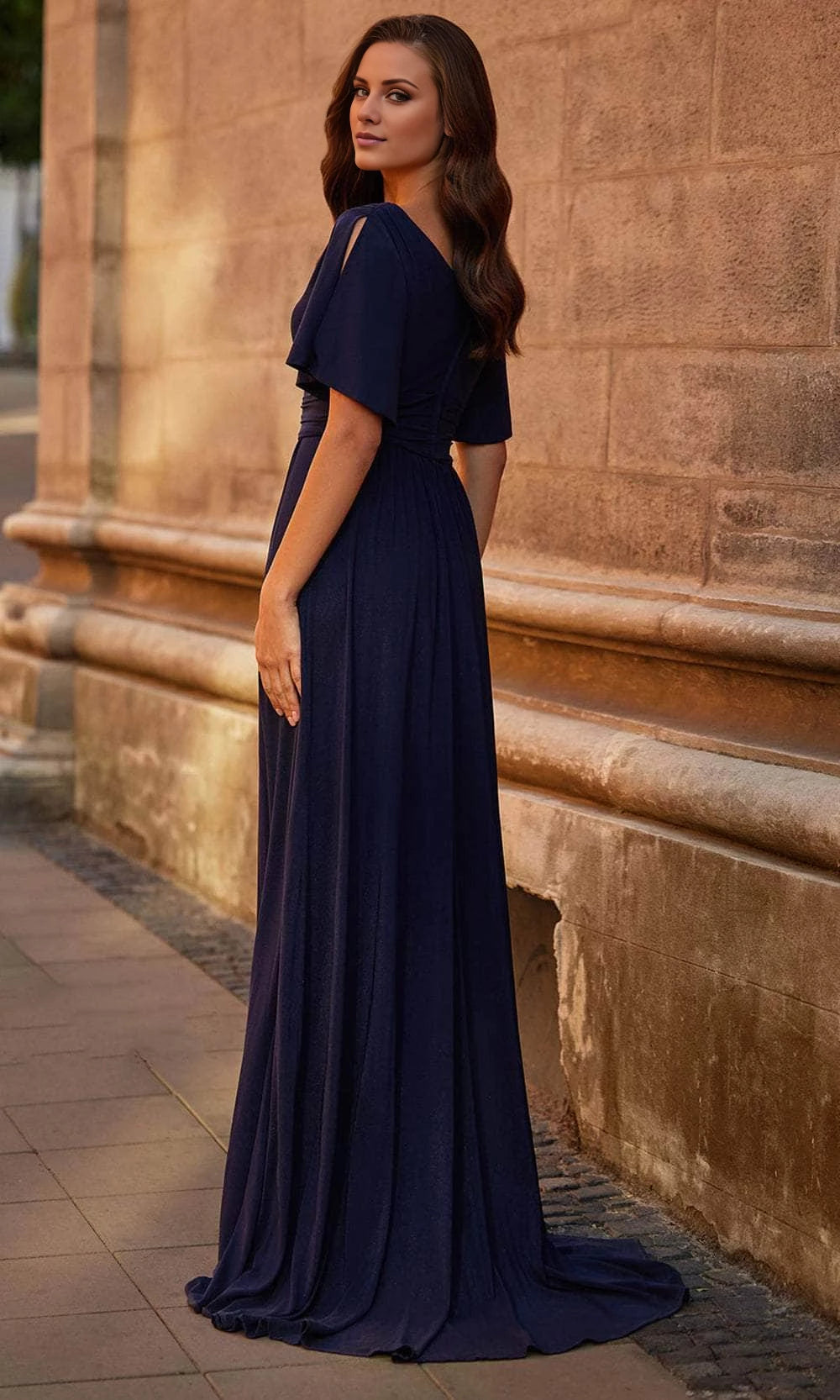 Dark Navy V-Neck A-Line Floor-Length Bridesmaid Dress with Flutter Sleeves & Ruched Bodice
