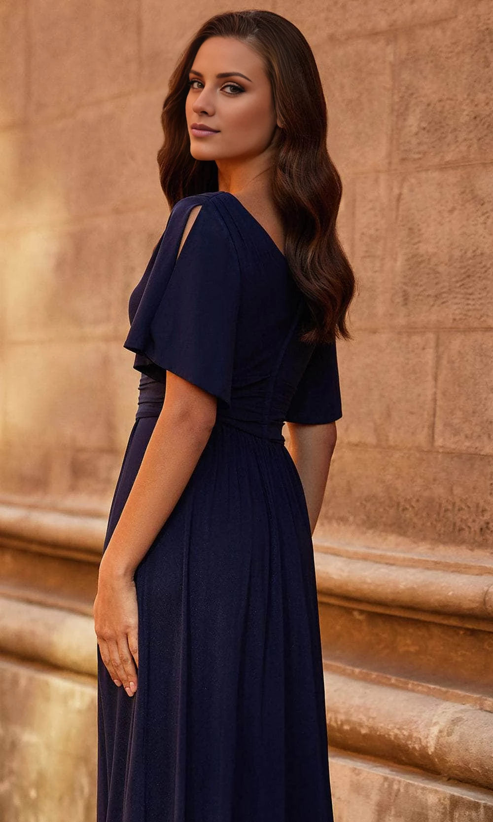 V-neck short sleeved pleated detail backless and floor length mother of the bride dress