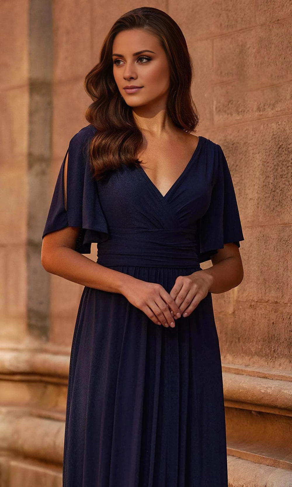 V-neck short sleeved pleated detail backless and floor length mother of the bride dress