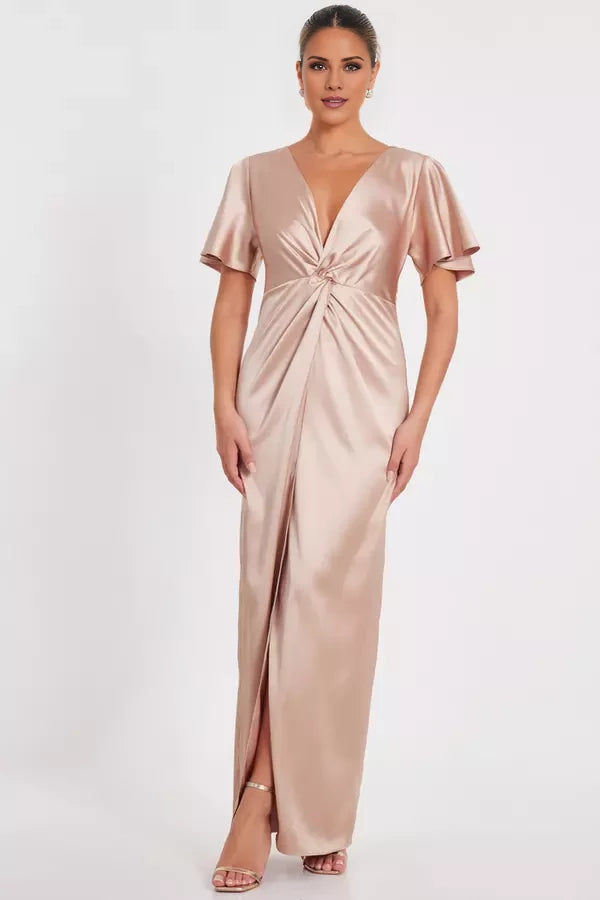 Vestido de fiesta largo hasta el suelo con escote en V, manga corta y abertura lateral 