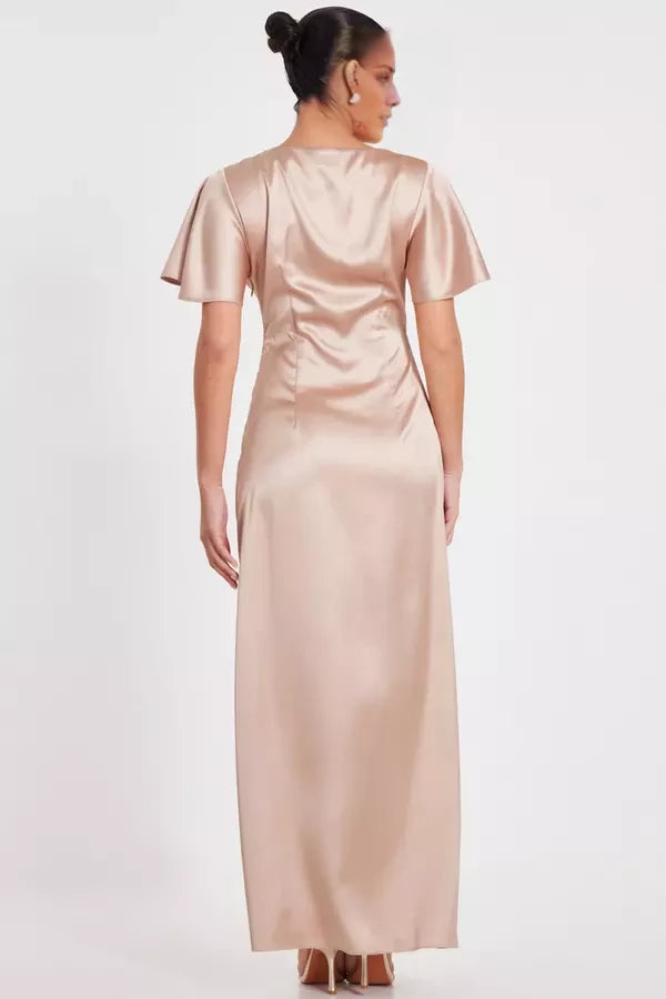 Vestido de fiesta largo hasta el suelo con escote en V, manga corta y abertura lateral 