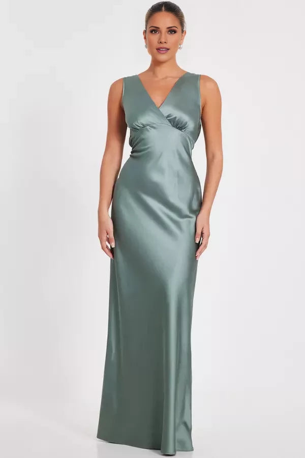 V-neck sleeveless satin backless and floor length Prom dress