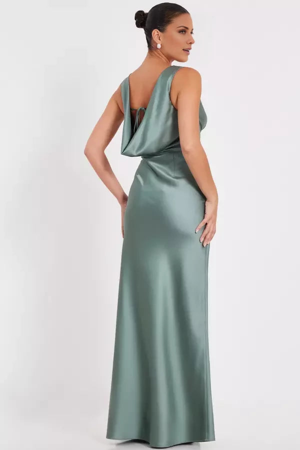 V-neck sleeveless satin backless and floor length Prom dress