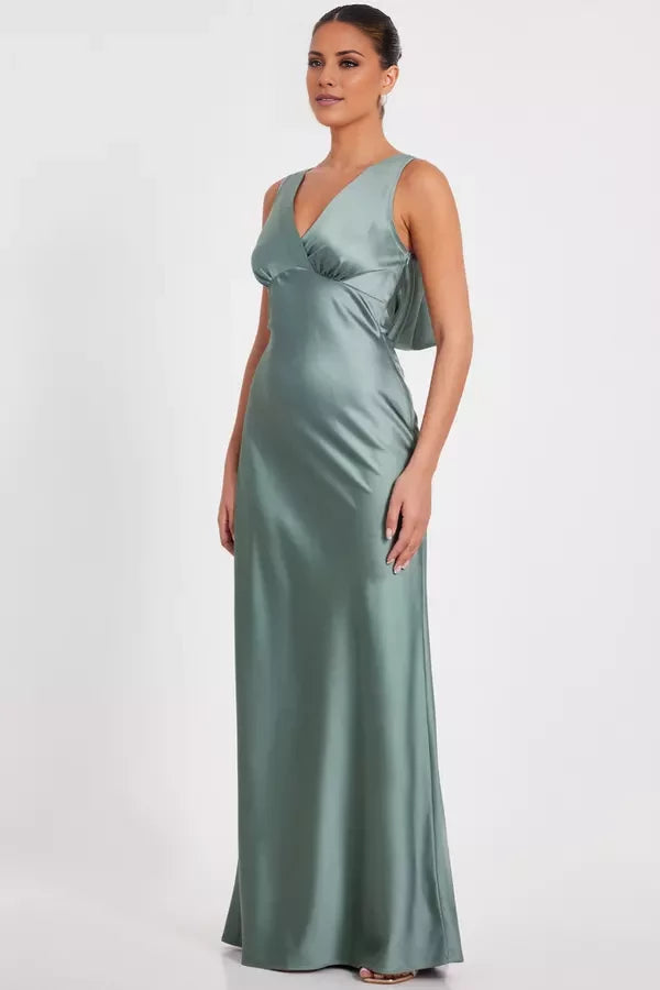 Vestido de fiesta de satén sin mangas con escote en V y largo hasta el suelo 