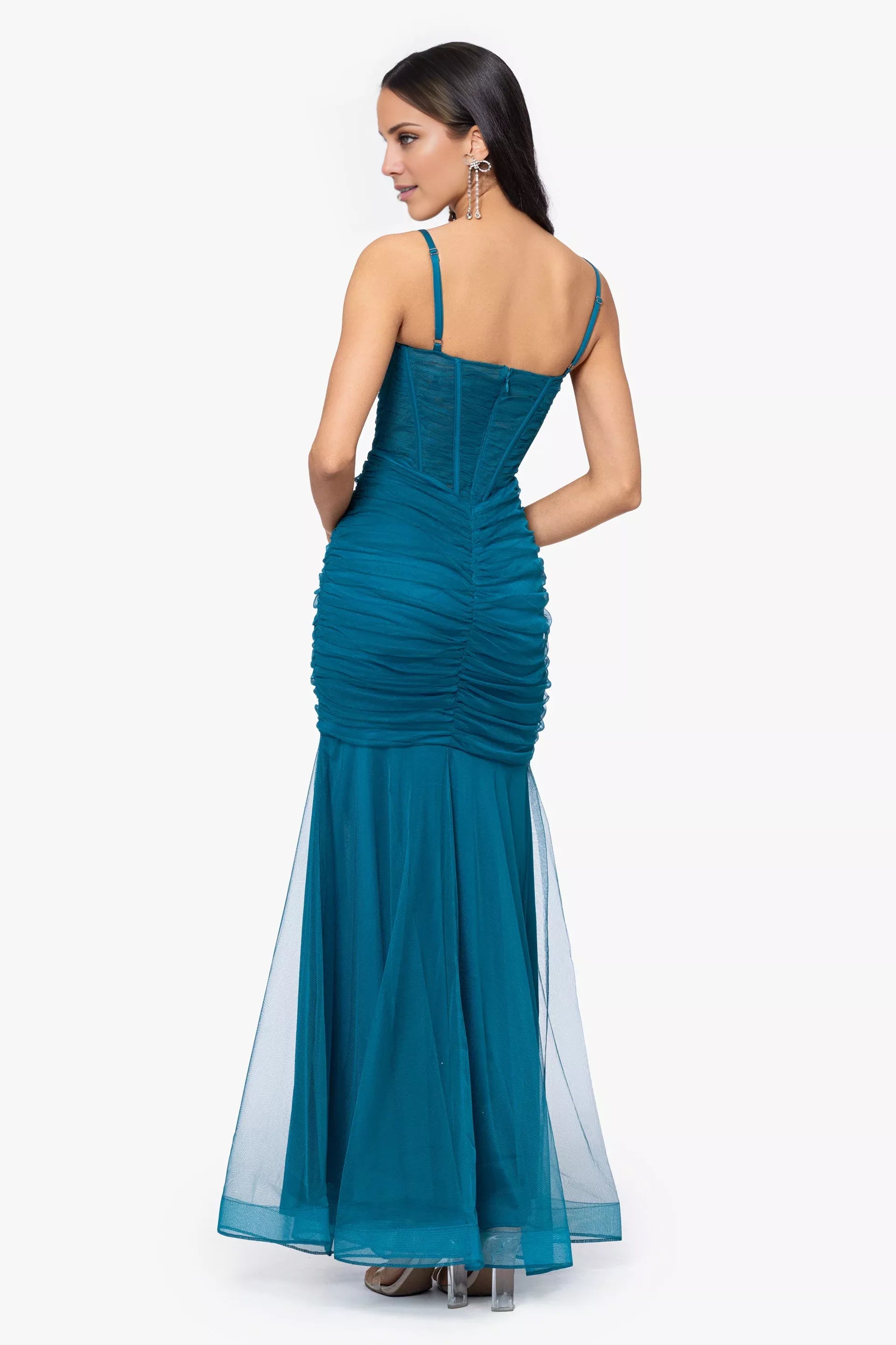 Vestido de fiesta largo hasta el suelo con escote en V, sin mangas, tirantes finos, abertura lateral transparente 