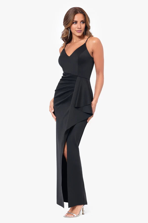 V-neck sleeveless thin shoulder strap with exposed back pleat details and floor length mother of the bride dress