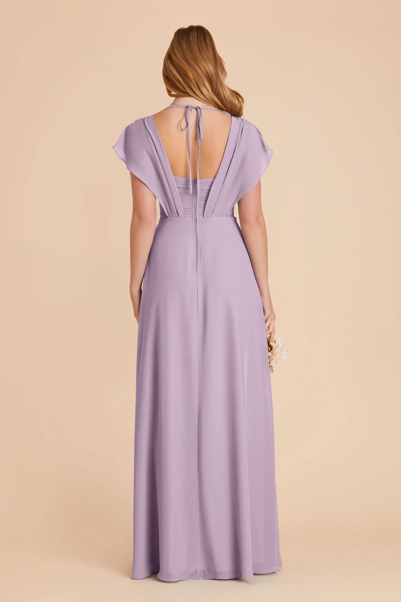 V Neck Flutter Sleeve Chiffon Bridesmaid Dress Back Tie High Slit A Line Floor Length Plus Size Wedding Guest Gown
