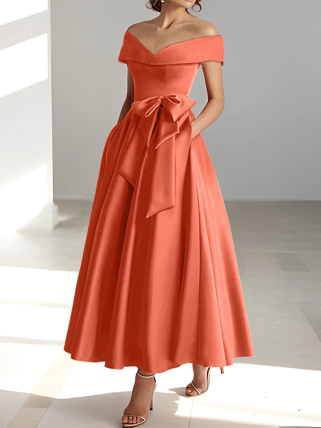 Vestidos de madre de la novia con bolsillos y hombros descubiertos, corte A/Princesa