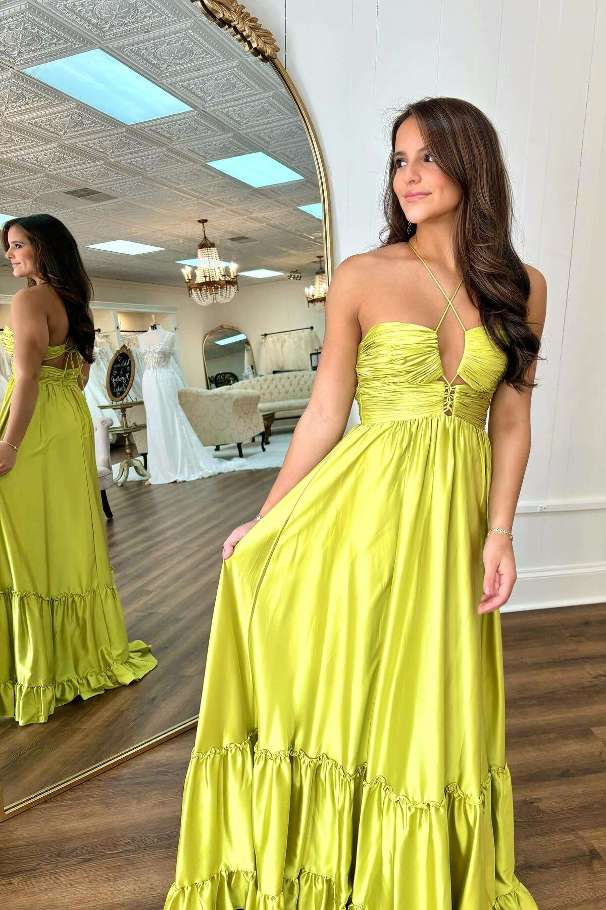 Green Satin A-Line Floor-Length Bridesmaid Dress with Ruched Bodice & Tiered Ruffled Hem